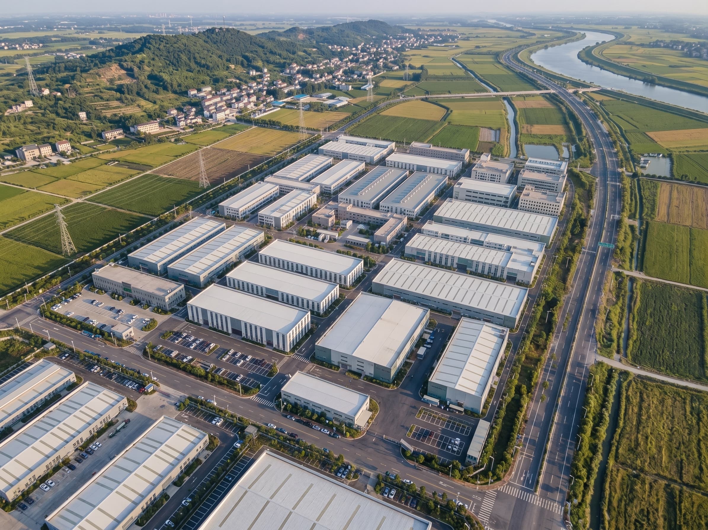 Aerial view of HJ's manufacturing campus and surrounding landscape