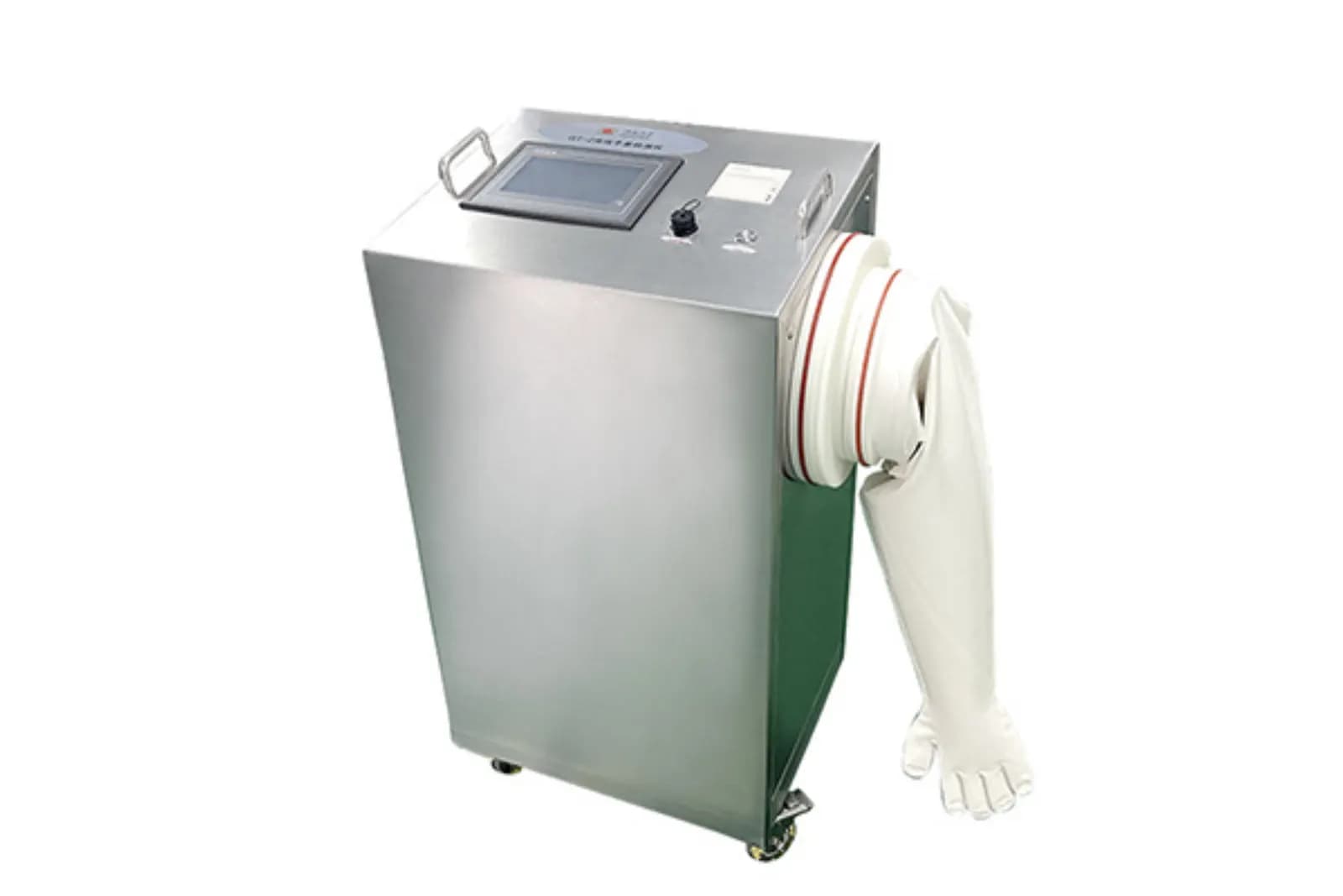 Glove integrity tester connected to an isolator glove